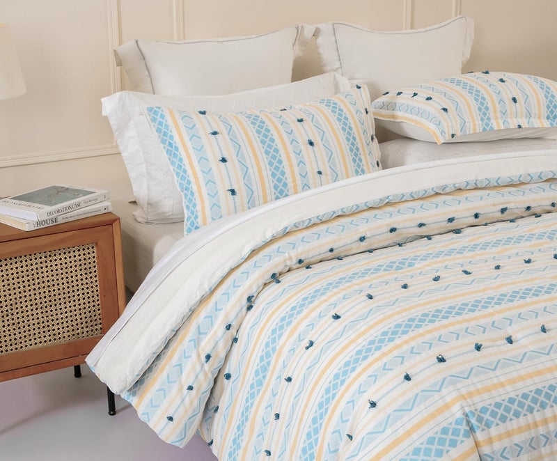 SLEEPBELLA Comforter Queen Size, 600 Thread Count Cotton White and Navy Striped Patchwork Reversible Pattern Reversible Blue Comforter Set,Down Alternative Bedding Set 3Pcs (Queen, Blue Patchwork) - Image 4